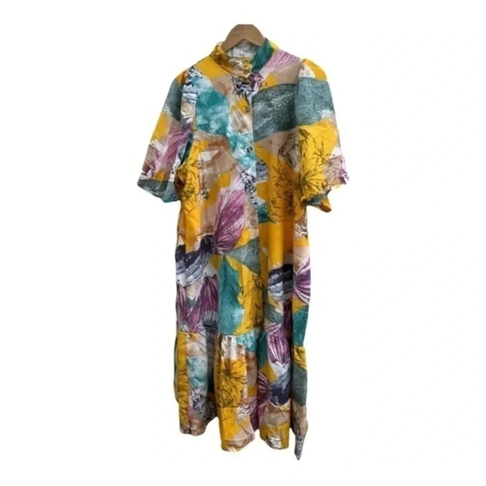 Yellow Bold Print Floral‎ Button Down Midi Dress with Ruffle Hem Size Large​​​